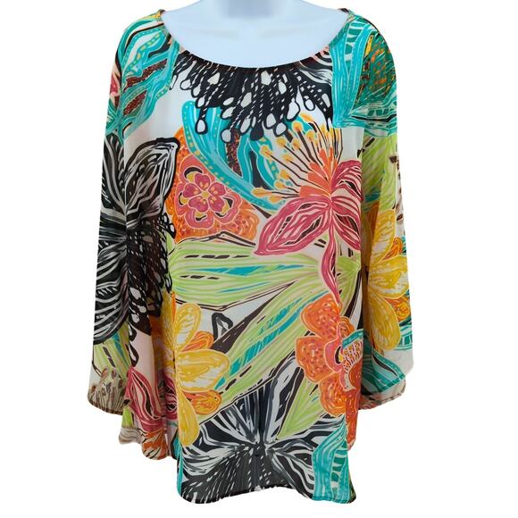 Chicos Top Women Large Sheer Floral Boho Beach Resortwear Vacation Cover Up - Picture 1 of 9